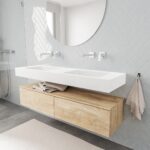 MONDIAZ ALAN badmeubel 150 washed oak 2 lades vrijhangend wastafel dubbel zonder kraangat wit